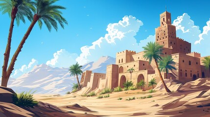 Desert Fortress Oasis - obrazy, fototapety, plakaty
