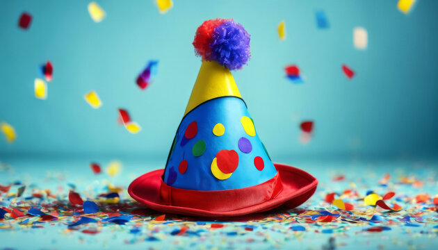 fools' April day celebration colorful confetti ai Clown hat generated background  blue fool background cartoon comedy concept fun greeting happiness happy humor humorous joke poste