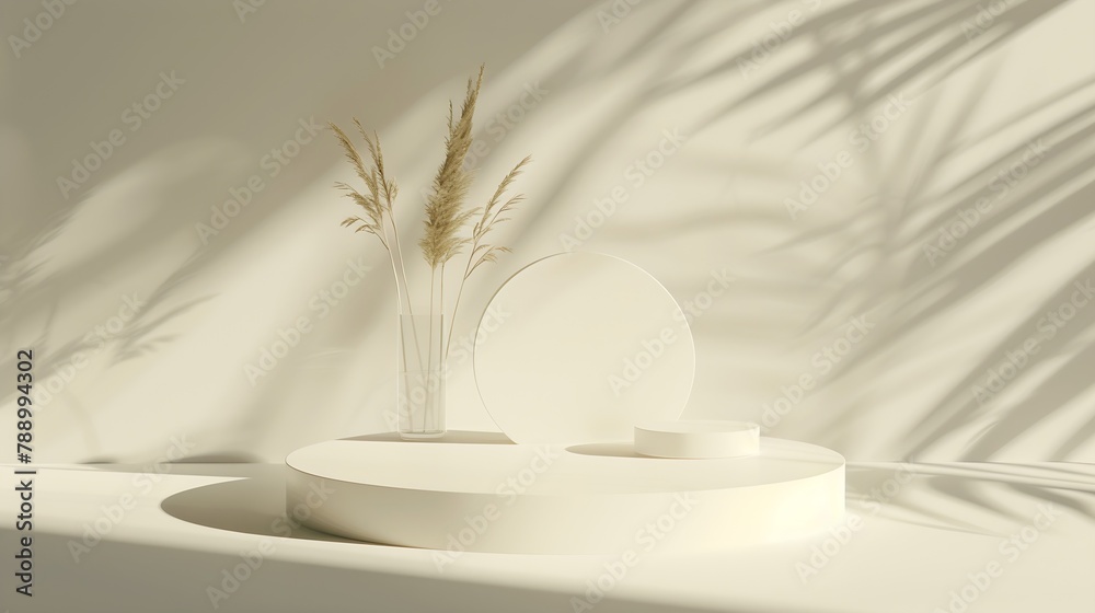 Poster Empty white product presentation podium with trendy shadows Abstract minimal empty stage Cosmetic package mockup : Generative AI