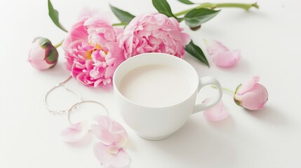 Fototapeta na wymiar Pink peonies coffee with milk and cute feminine accessories on the white background : Generative AI