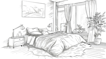 Monochrome sketch of comfortable bedroom furnished 
