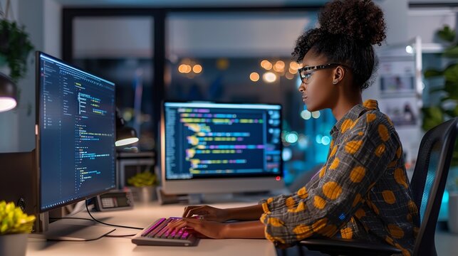 Dedicated female programmer fine-tuning software code at ergonomic standing workstation in contemporary tech company office