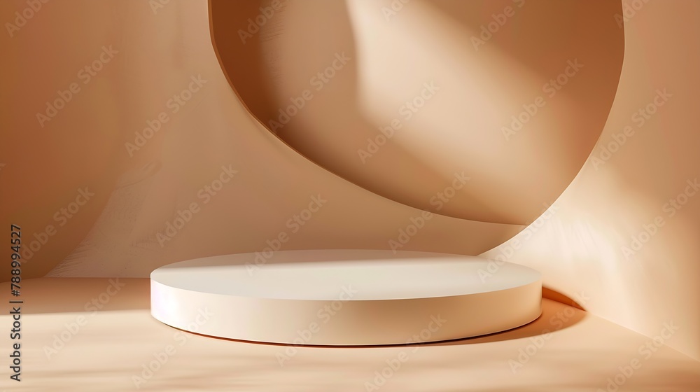 Poster Blank round geometric shape podium platform on paper cut abstract minimal geometric shape light brown background Top view mock up for product display : Generative AI