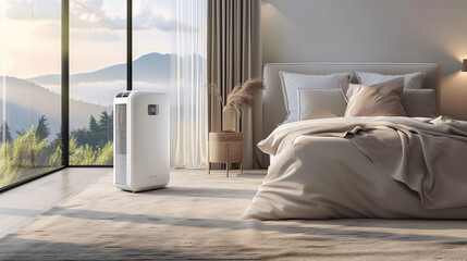 white portable air conditioner in a room with a large window, sofa and plants