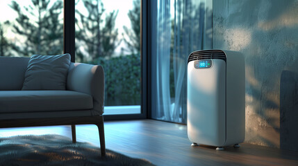 portable air conditioner in a room with a sofa and a large window, blue tones