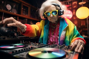 Amazing grandma DJ, older lady djing and partying in a disco setting