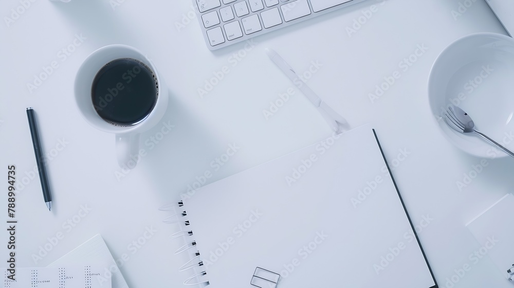 Aufkleber styled stock photography white office desk table with blank notebook computer supplies and coffee cu