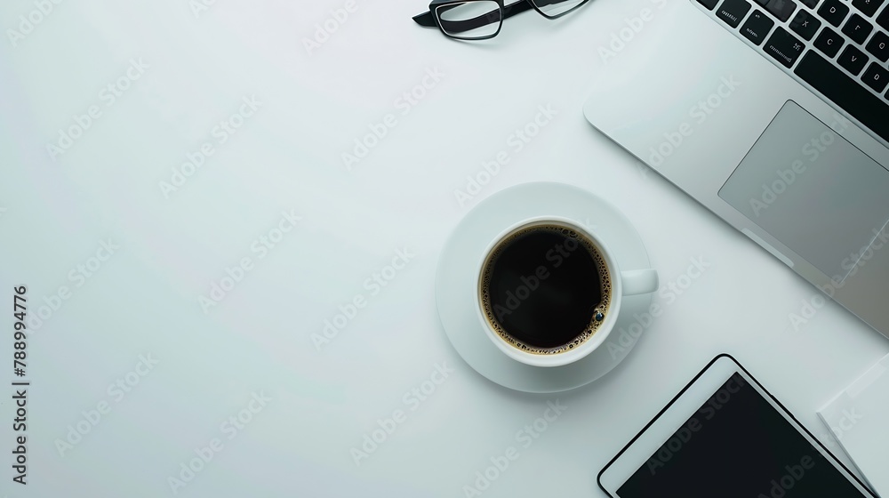 Poster Modern workspace with coffee cup smartphone paper notebook tablet and laptop copy space on white color background Top view Flat lay style : Generative AI
