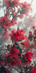 Fototapeta premium Misty Crimson Blossoms: Vibrant Red Flowers Enveloped in Fog