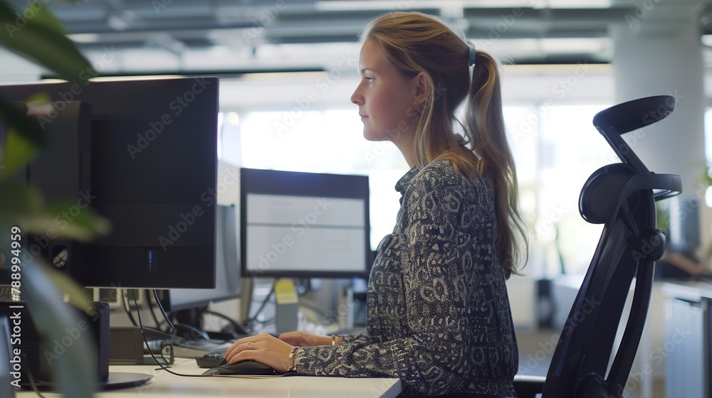 Wall mural dedicated female programmer fine-tuning software code at ergonomic standing workstation in contempor