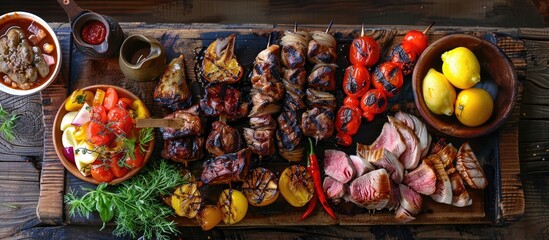 Grilled meat and vegetables displayed on a traditional wooden table