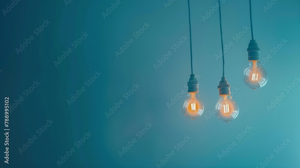 Poster Hanging light bulbs with glowing one different idea on light blue background  Minimal concept idea  flat lay  top : Generative AI
