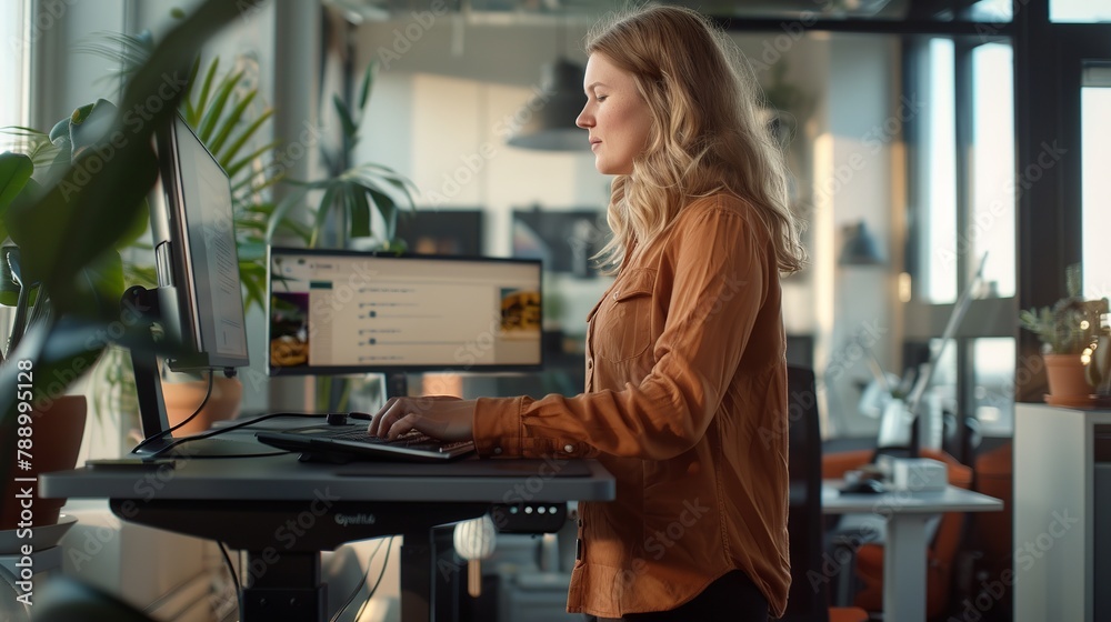 Wall mural dedicated female programmer fine-tuning software code at ergonomic standing workstation in contempor