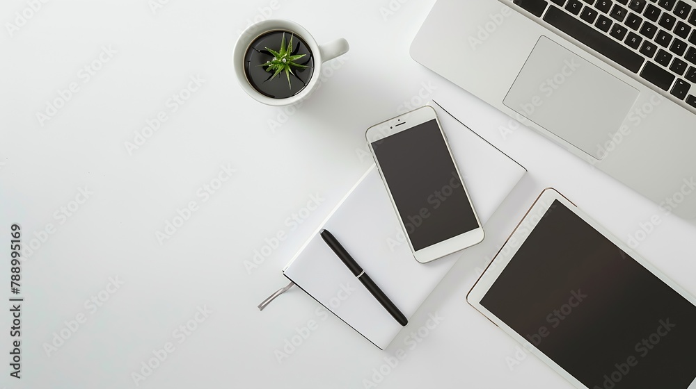Poster Modern workspace with coffee cup smartphone paper notebook tablet and laptop copy space on white color background Top view Flat lay style : Generative AI