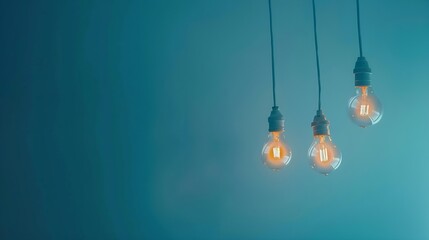 Hanging light bulbs with glowing one different idea on light blue background  Minimal concept idea ...