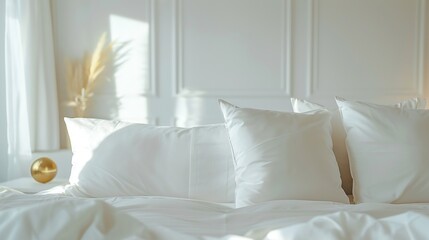Fototapeta premium White minimalist bedroom interior with closeup on the bed with cushions and gold decorations : Generative AI