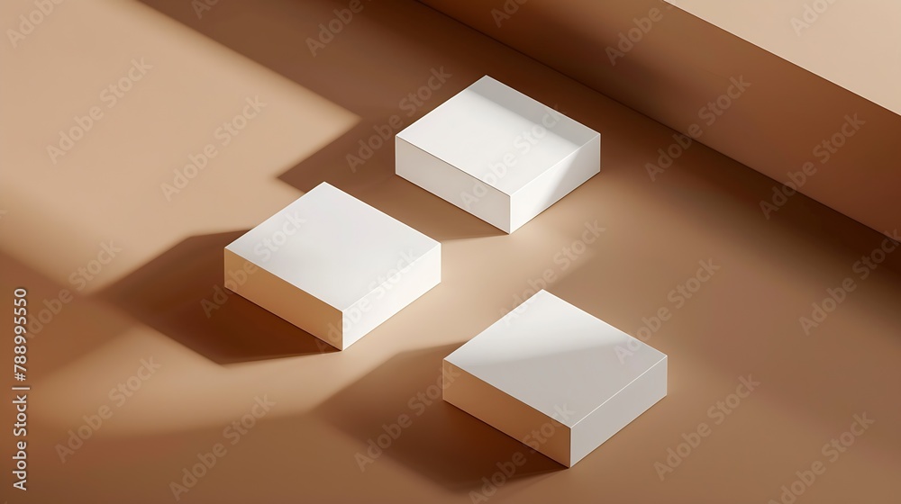 Aufkleber White square podiums for presentations on a brown background Top view flat lay Banner : Generative AI