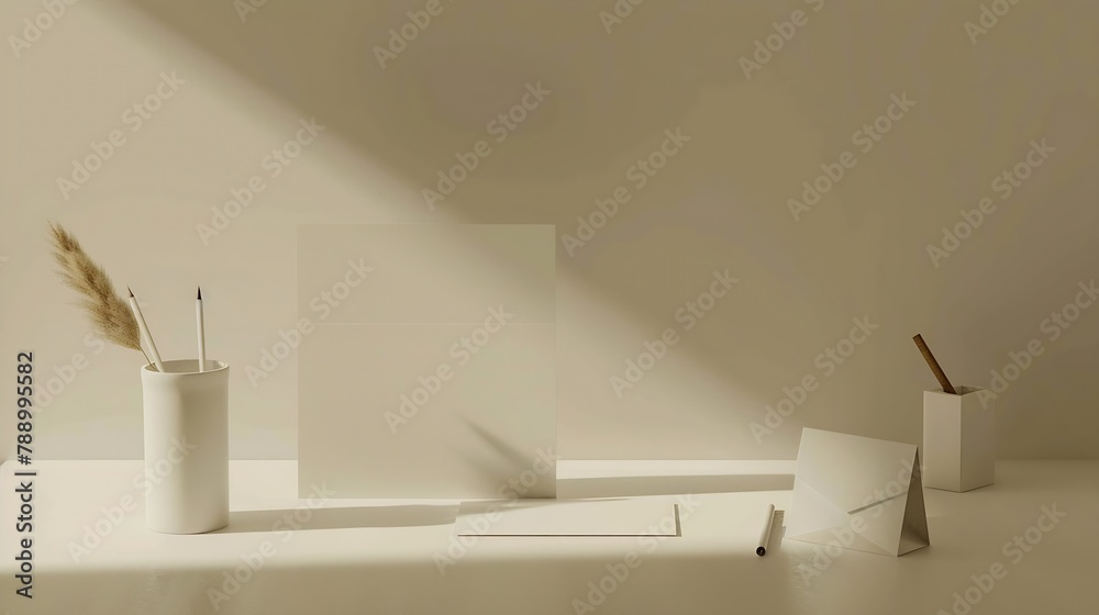 Aufkleber paper card mockup and stationery on a beige background minimalistic business workspace : generative 