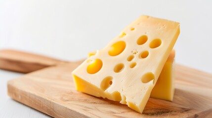triangular piece of yellow cows milk swiss cheese with holes cutout on cutting board isolated white background : Generative AI