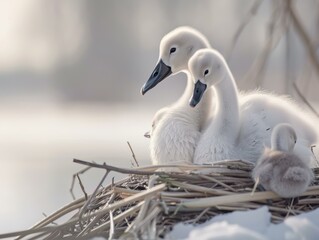 Baby Swans Close Up Nest - obrazy, fototapety, plakaty