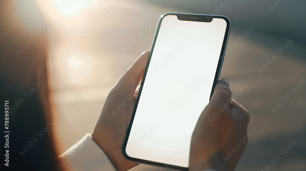 Aufkleber mockup image of woman hand using and touching on blank white screen mobile smartphone close up vinta