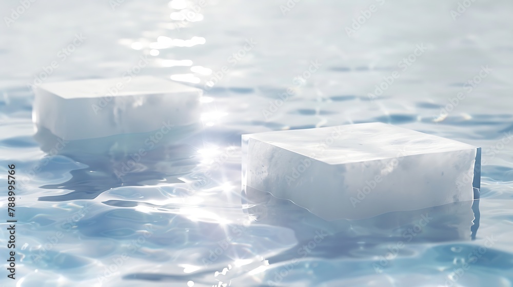 Aufkleber Two empty clear white square podiums on transparent calm water texture with splashes and waves in sunlight Abstract nature background for product presentation Flat lay cosmetic mockup  : Generative AI