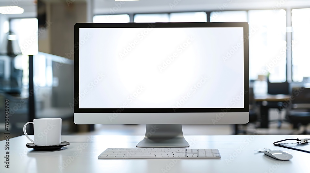 Leinwandbilder Computer monitor with white blank screen putting on white working desk with wireless mouse and keyboard over blurred vintage office as background : Generative AI