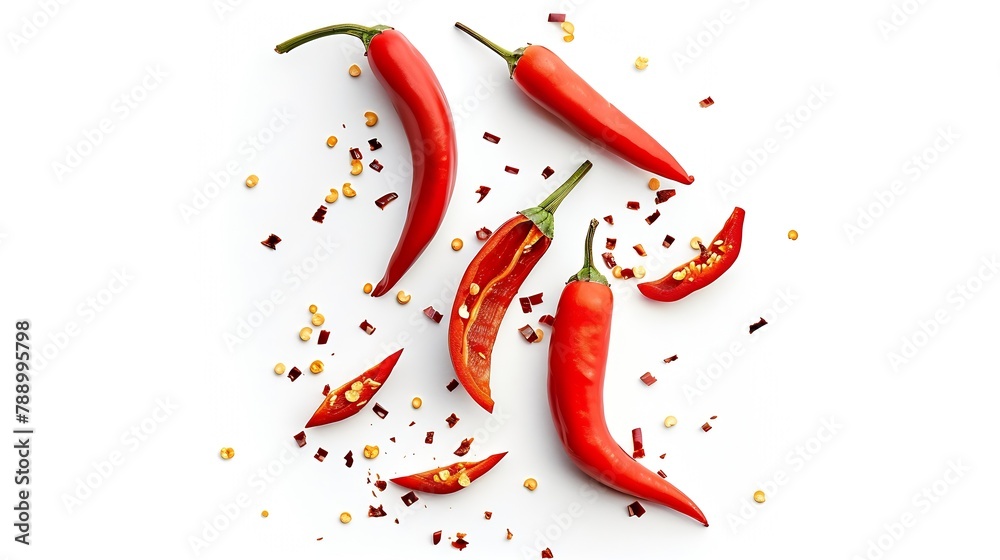Poster red hot chili pepper with slices isolated on white background top view flat lay : generative ai