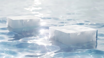 Two empty clear white square podiums on transparent calm water texture with splashes and waves in sunlight Abstract nature background for product presentation Flat lay cosmetic mockup  : Generative AI