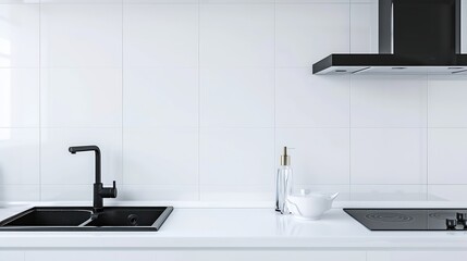 Minimalist kitchen with white countertop furniture and wall tiles and black sink induction hob and exhaust hood : Generative AI - obrazy, fototapety, plakaty