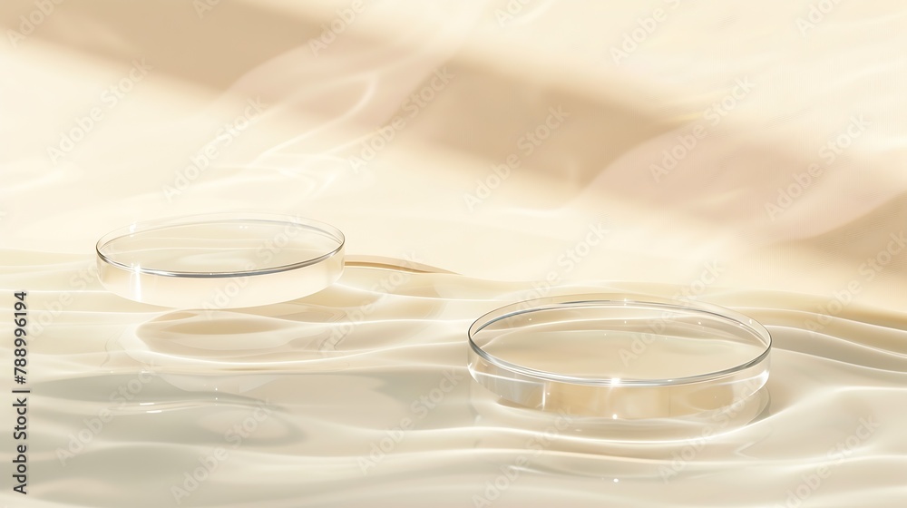 Poster Two empty clear glass circle podiums on beige transparent calm water texture with waves in sunlight Abstract nature background for product presentation Flat lay cosmetic mockup copy sp : Generative AI