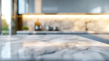 Close up photo of contemporary kitchen island with marble table top with kitchen blurry loose focal background : Generative AI