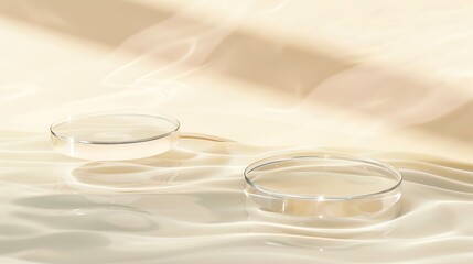 Two empty clear glass circle podiums on beige transparent calm water texture with waves in sunlight...