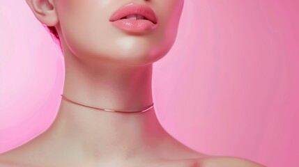 Naklejka premium Close up female neck collarbones isolated on pink studio background Beautiful caucasian woman with wellkept skin Natural beauty fitness diet spa plastic surgery and aesthetic cosmetolo : Generative AI