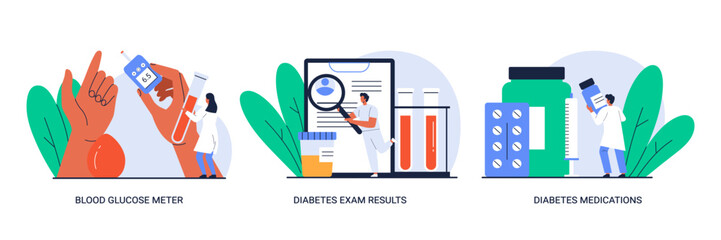 Blood glucose meter, diabetes exam results, diabetes medications. Diabetes concept. Healthcare treatment. Isolated vector illustration in cartoon style