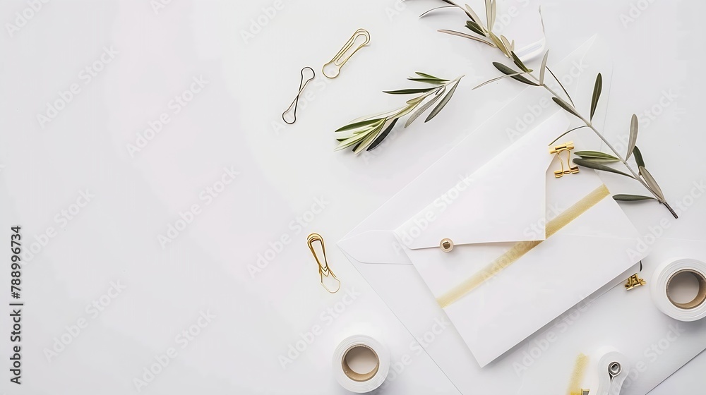 Aufkleber feminine stationery desktop mockup scene blank greeting card craft envelope washi tape and golden pa