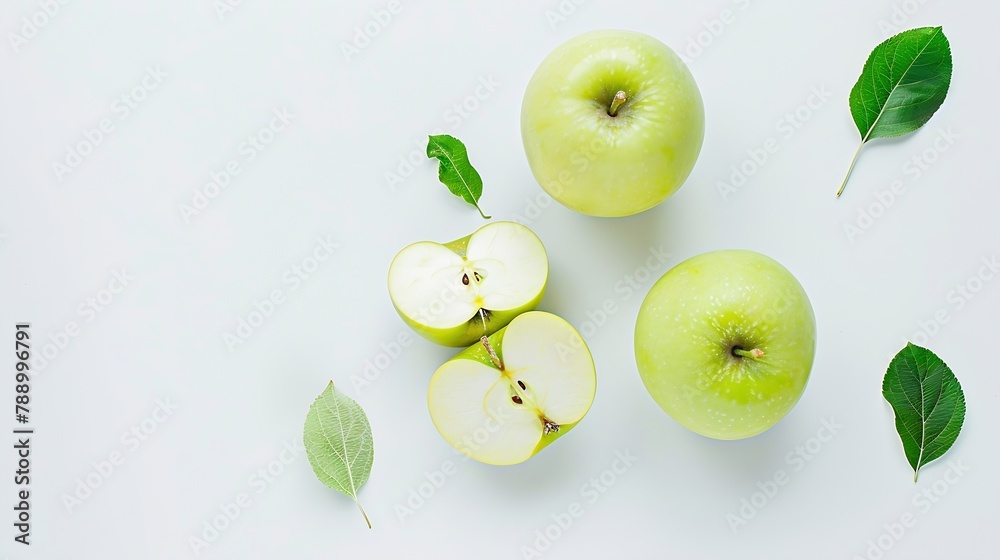 Poster flat lay of fresh green apple fruit with cut in half and slice isolated on white background : genera