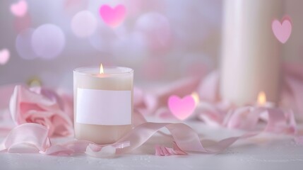 Candle with blank label near pink decorations hearts and silk ribbons on white table close up Romantic home decor
brand packaging mock up Home decoration romantic interior : Generative AI