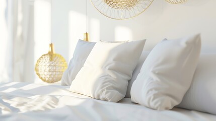 White minimalist bedroom interior with closeup on the bed with cushions and gold decorations : Generative AI