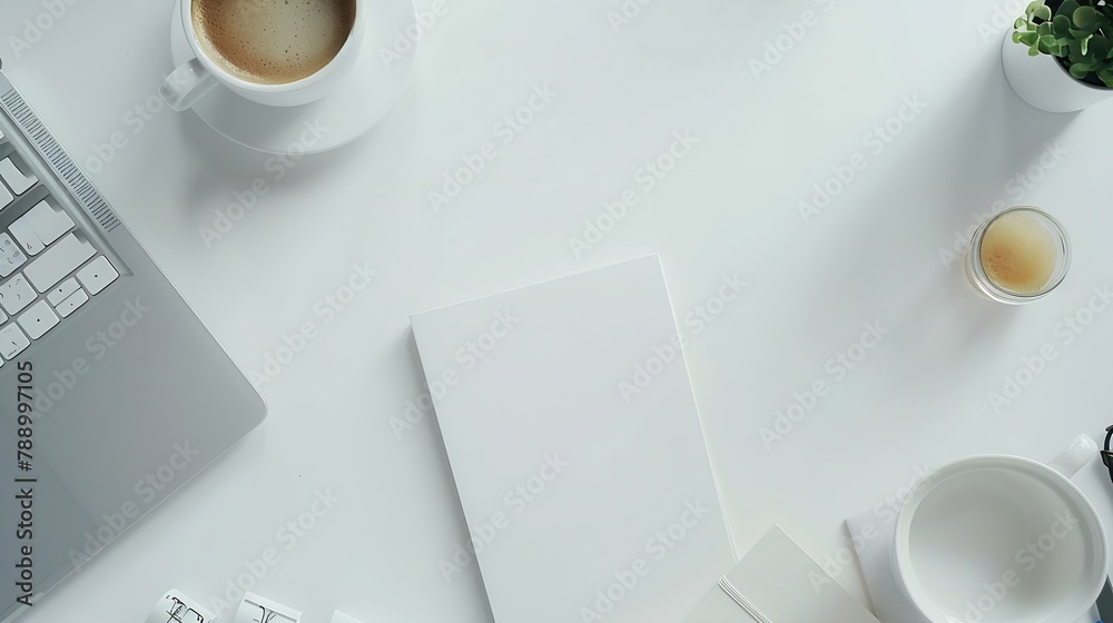 Poster Styled stock photography white office desk table with blank notebook computer supplies and coffee cup Top view with copy space Flat lay : Generative AI