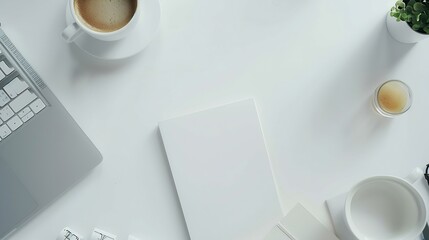 Styled stock photography white office desk table with blank notebook computer supplies and coffee cup Top view with copy space Flat lay : Generative AI