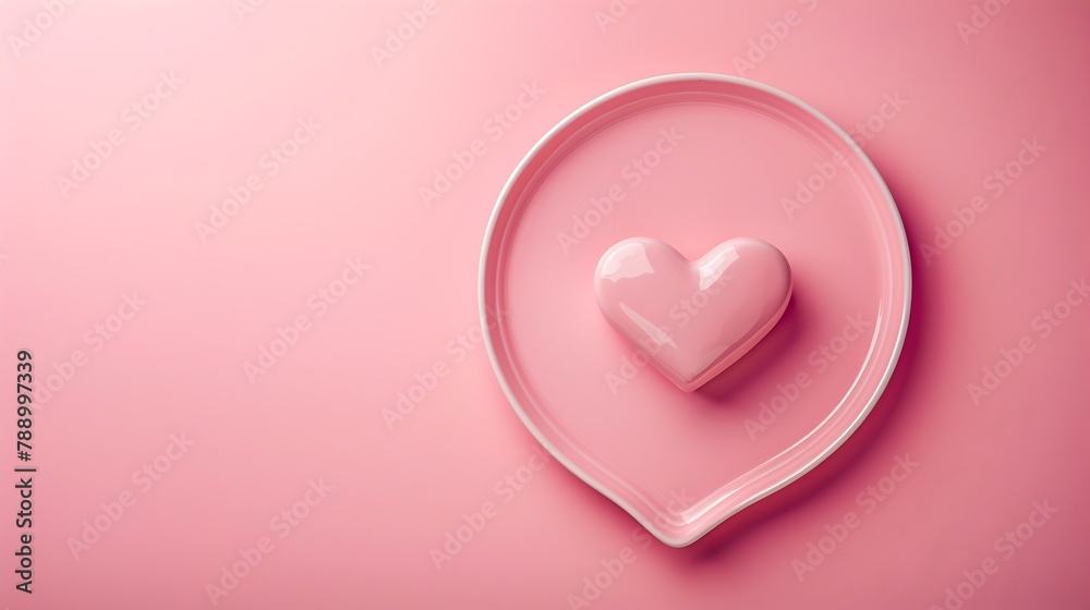 Poster Empty pink heart shaped plate on pink background table Flat lay top view copy space : Generative AI