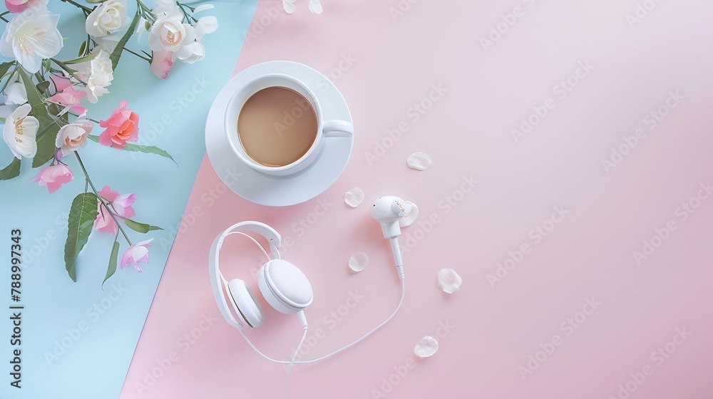 Poster blogger pastel background with coffee cup headphones and botanical elements flat lay : generative ai