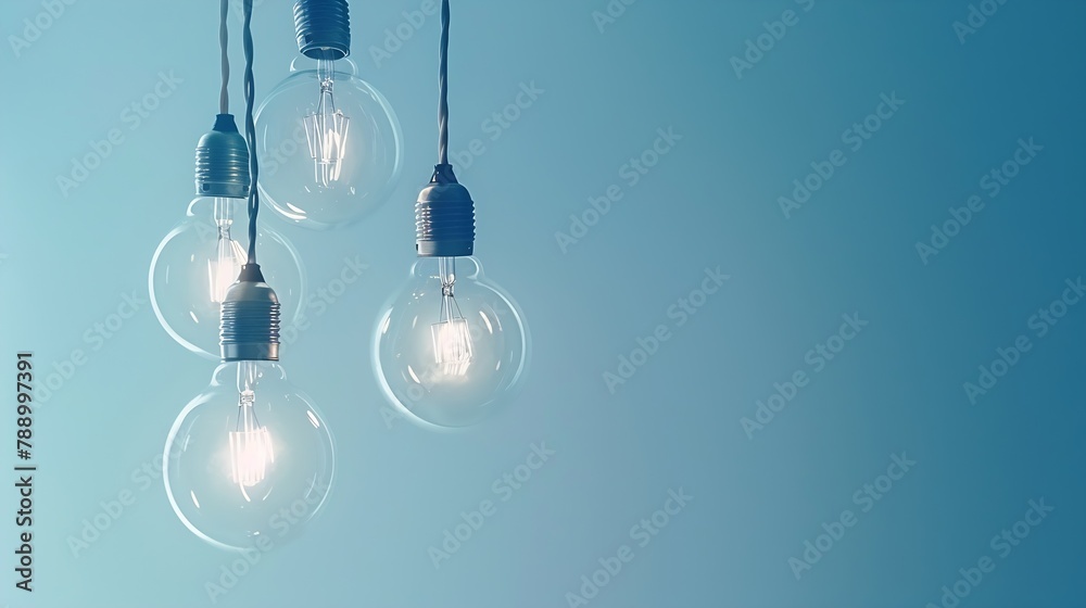 Poster Hanging light bulbs with glowing one different idea on light blue background  Minimal concept idea  flat lay  top : Generative AI