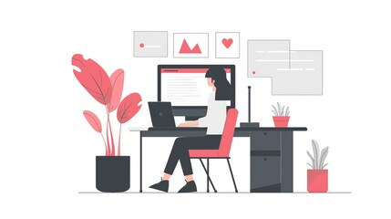 A woman is sitting at a desk with a laptop and a potted plant