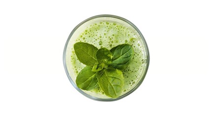 Glass of fresh green smoothie juice isolated on white background top view flat lay Clipping path : Generative AI