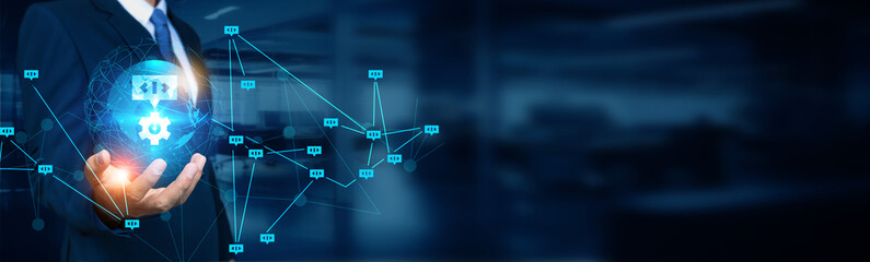 Businessman holding global structure networking and natural language processing connection, NLP...