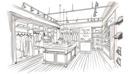 Outline drawings of clothing boutique interior 
