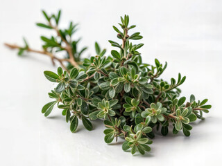 A sprig of thyme against a white backdrop.