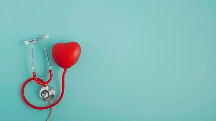 Heart health and medical concept Medical stethoscope and cardiogram on red heart on pastel blue background Top view flat lay copy space : Generative AI